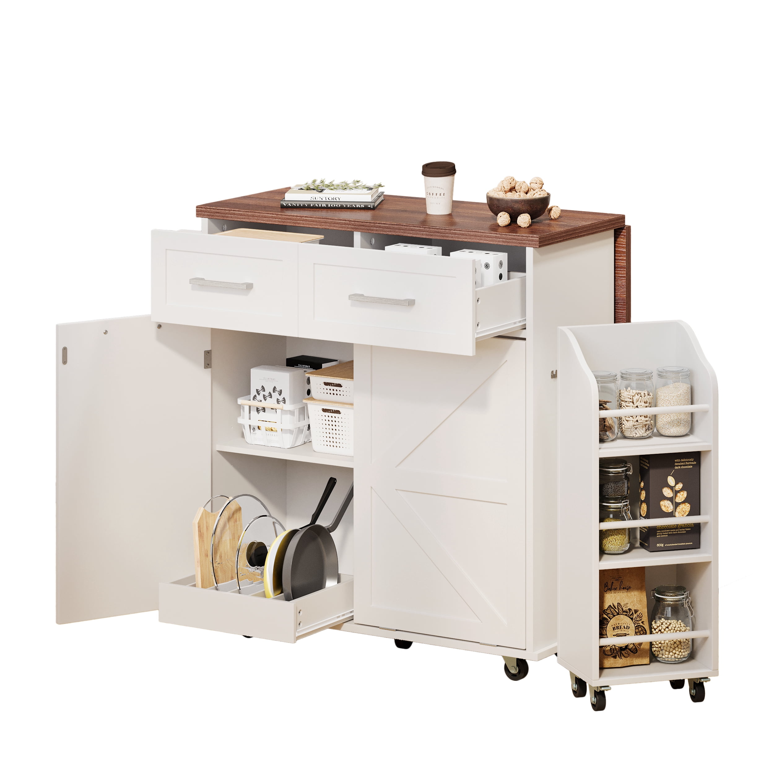 Euroco 47.2" Farmhouse Kitchen Island with Drop Leaf, Kitchen Storage Island with Removable Side Racks, Two Drawers, Rolling Kitchen Cart on Wheels with Towel Rack