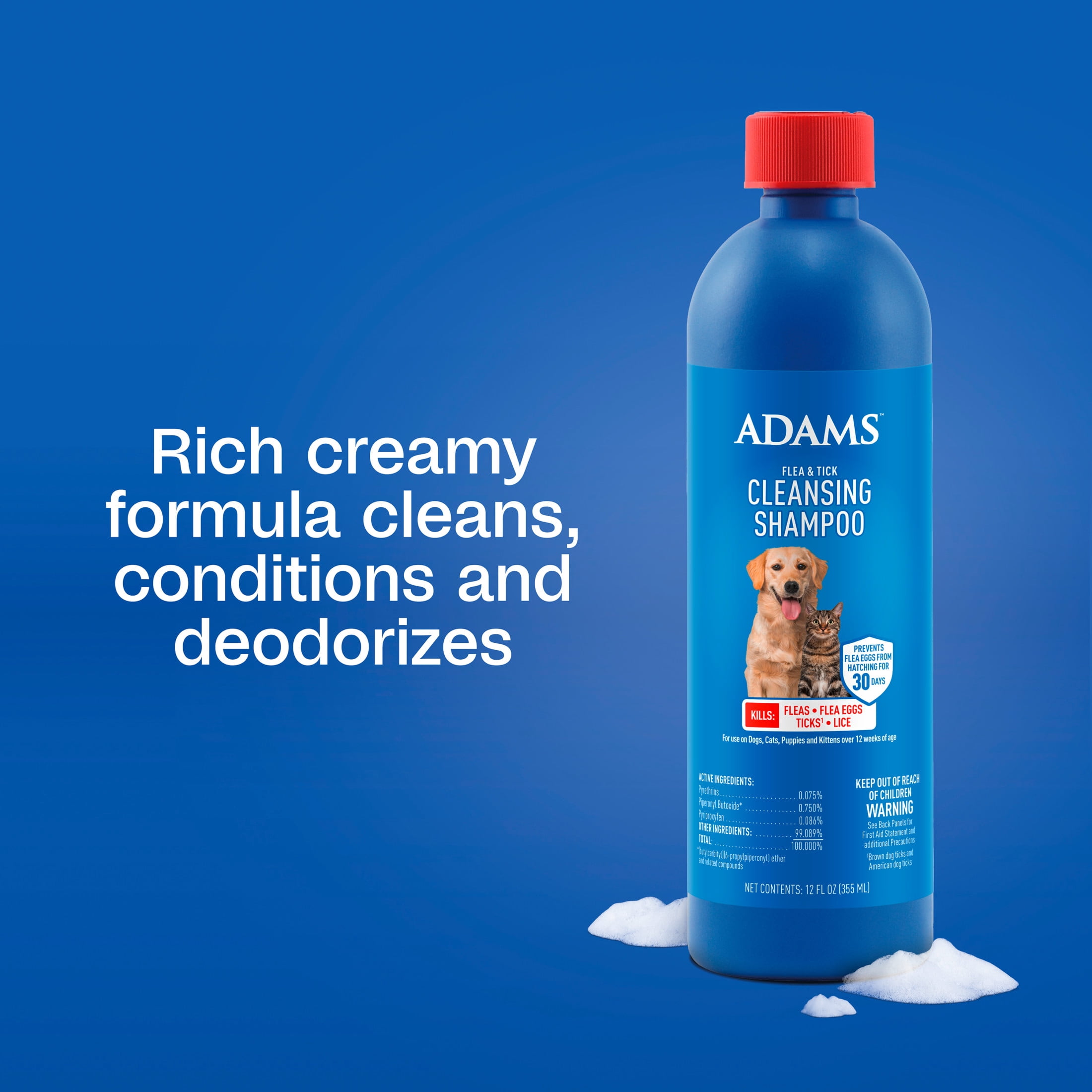 ADAMS Flea & Tick Cleansing Shampoo for Dogs, Cats, Puppies & Kittens, Flea Shampoo to Treat Flea Infestations, Kills Ticks, Fleas, Flea Eggs & Lice, Cleans and Conditions Coat, 12 fl oz