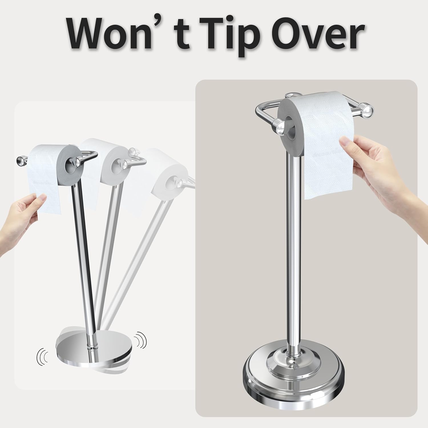Toilet Paper Holder Stand, Free Standing Bathroom Tissue Roll Holder with Pivoting Post and Weighted Base, Stainless Steel Chrome Finish