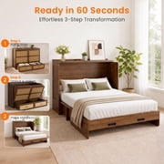 Puremind Queen Size Rattan Murphy Bed with Mattress, Hideaway Cabinet Bed with Charging Port and Storage Drawer for Home/Office, Black Walnut