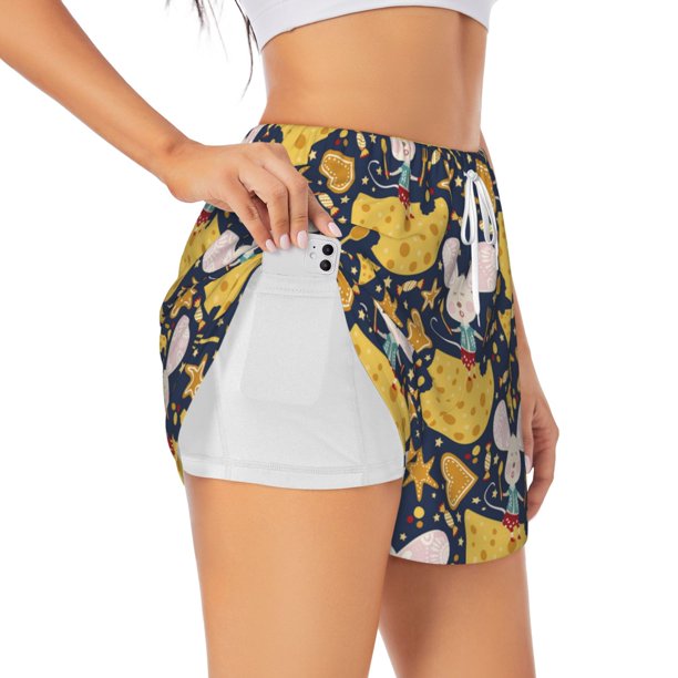 Balery Mouse Cheese Pantalones cortos deportivos para mujer con forro y dos bolsillos, elásticos, para entrenamiento, gimnasio, yoga-X-Large