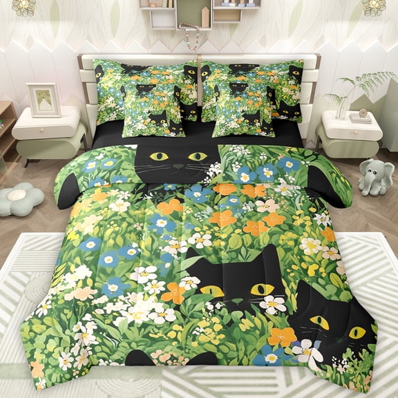 Manfei Cute Cat 7-Piece Twin Bedding Sets,Rustic Flower Floral Bedding Comforter Set,Black Green White Sheet Sets For Girls Kids,Ultra Soft Home Decor Reversible
