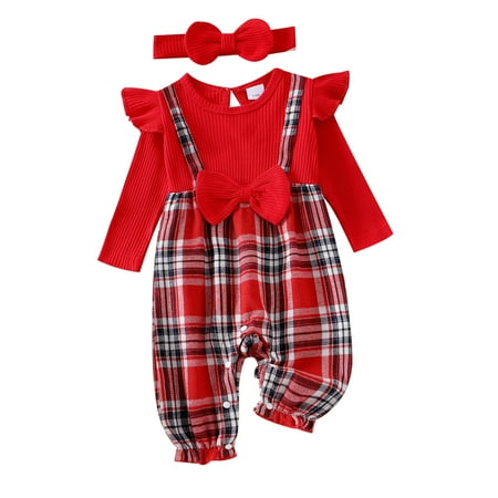 

Wilcliar Baby Girls Romper Plaid Print Fake Two Pieces Long Sleeve Crew Neck Jumpsuit with Headband