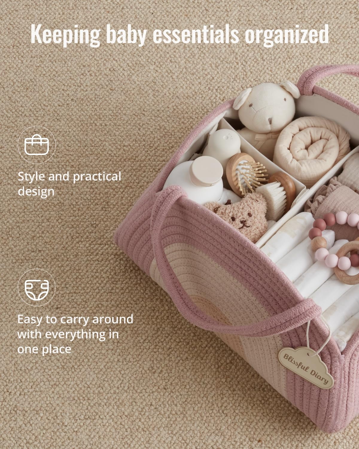 Baby Diaper Caddy Organizer, Cotton Rope Diaper Caddy Basket, Large Storage Basket for Newborn Boys and Girls, Gift for Baby Shower List, Newborn Essentials, Blush Rainbow