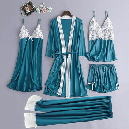 

Yubatuo Lingerie for Women 5Pc Satin Lace Camisole Trousers Shorts Nightdress Robe Pajamas Lingerie