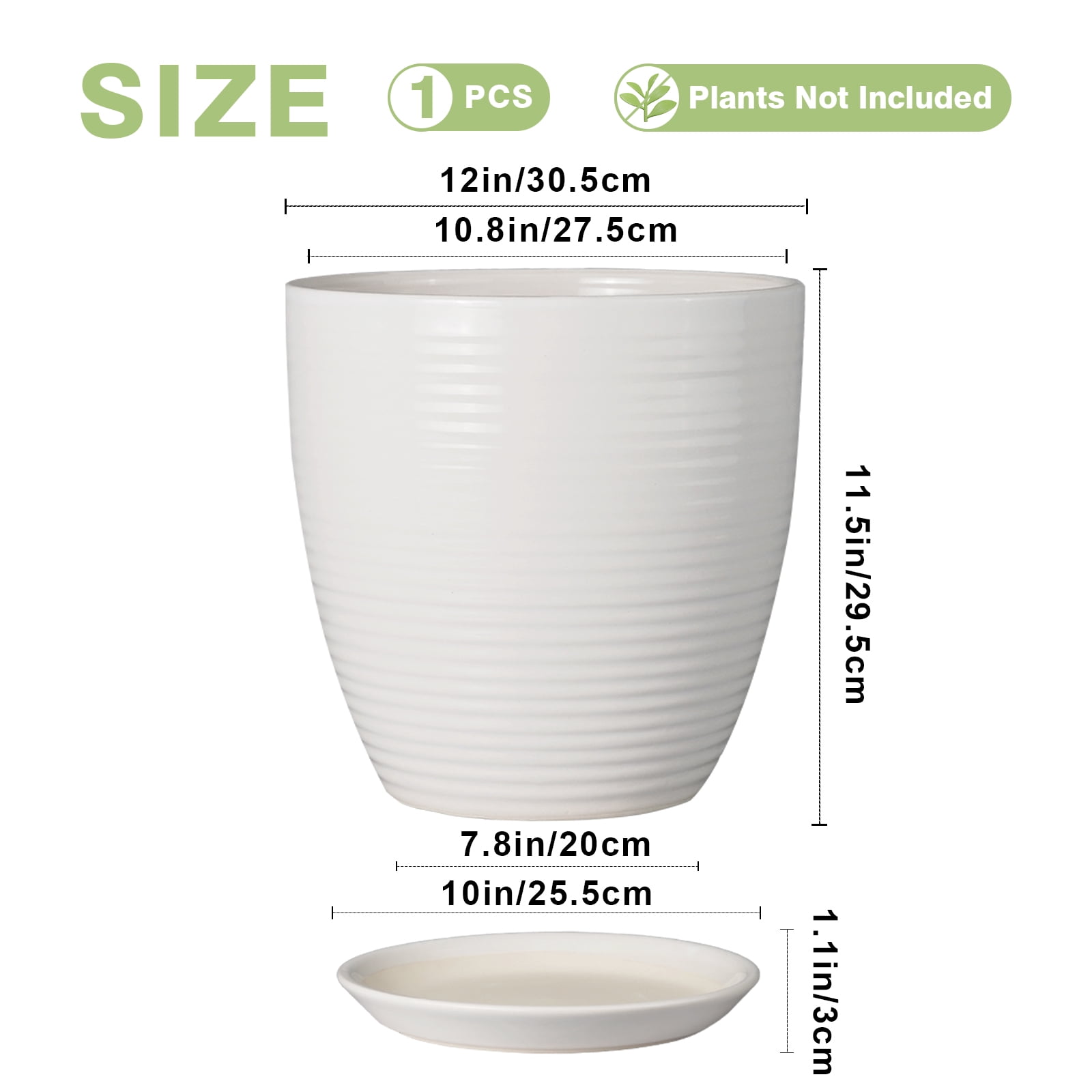 EPFamily 12 Inch Matte White Ceramic Planter with Drainage Hole and Saucer – Large Round Flower Pot for Indoor Plants, Fiddle Leaf Fig, Housewarming Gift