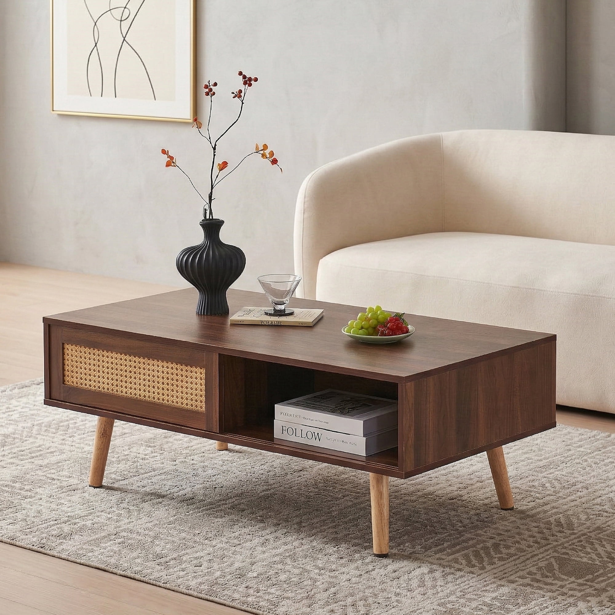Leumius 41.3 Inch Rattan Coffee Table with Sliding Storage Door, Rectangle Wooden Accent Center Sofa Table with Solid Wood Legs,Suitable for Living Room,Walnut