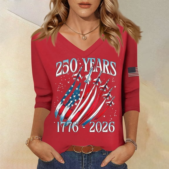 CIENVNSTG Women's 3/4 Length Sleeve V-Neck T-Shirts 250 Years 1776-2026 USA Flag Print Loose Fit Lightweight Tees for Patriotic Events Independence Day Summer Wear Red XXXL