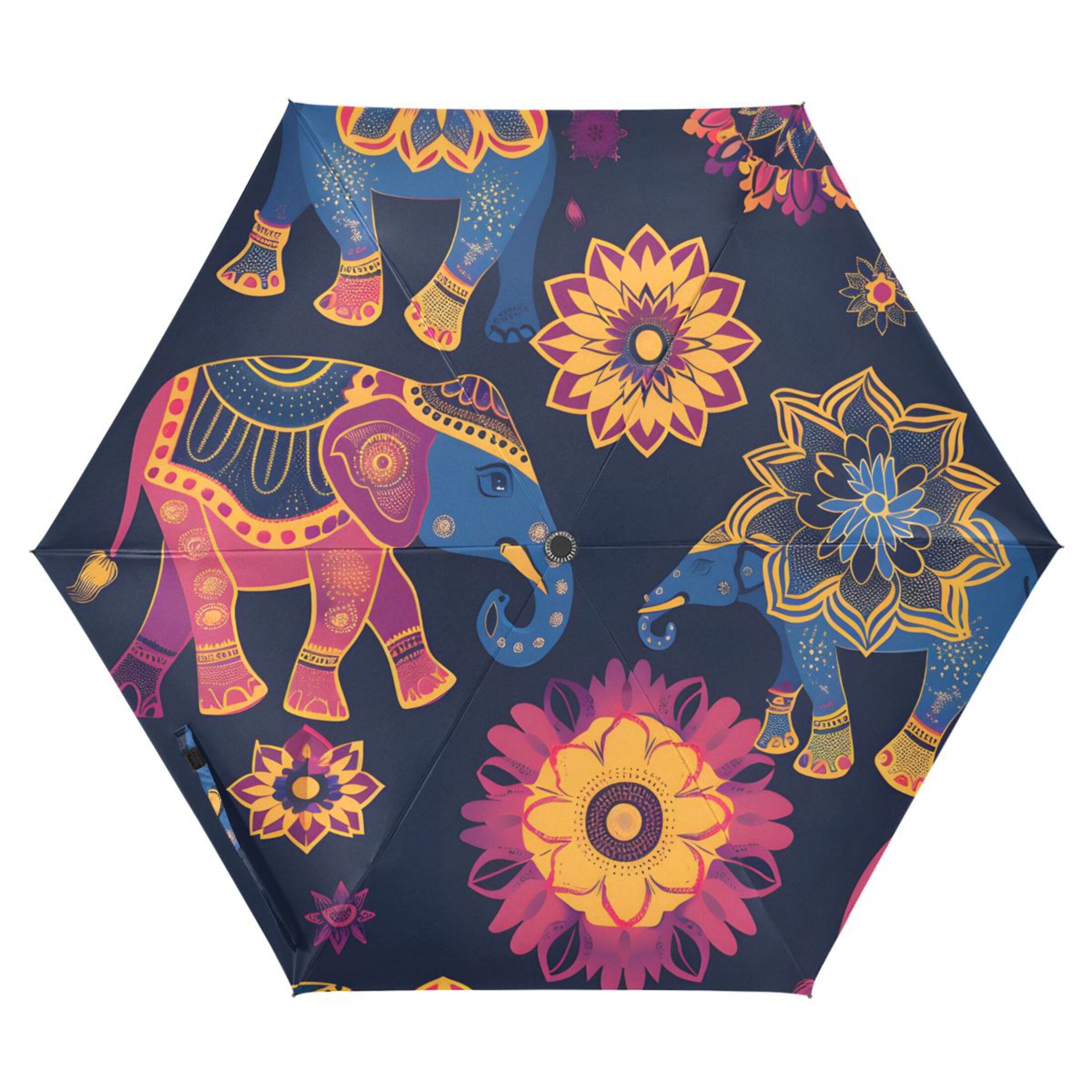Asian Pattern with Elephants All Weather Umbrella Triple Folding Parasol 6 Ribs UV Protection Portable
