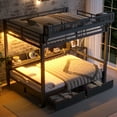 thumbnail image 7 of Queen over Queen Bunk Bed with Storage Shelves and 2 Drawers,Multifunctional Metal Bunk Beds with USB Ports,LED Lights,Safety Guard and Stairs,for Guest Room,Bedroom, Dorms,Noise Free,Black, 7 of 7