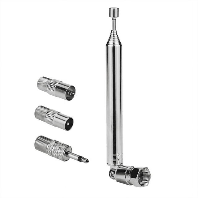 FM Radio Antenna Replacement Telescopic Screw F Type Male Plug Connector Adapter for AV Stereo Receiver Home Amplifier. Silver metal antenna with extendable length up to 76cm, featuring an F-male connector and three adapters: PAL male, PAL female, and 3.5mm. Suitable for improved FM radio reception and wide compatibility with various devices, often used as an automotive accessory.