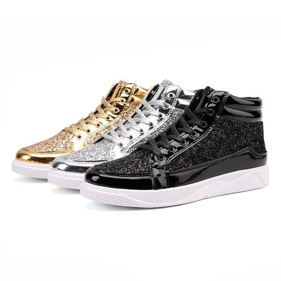 Men's Fashion Bright Leather with Sequin Thick Soled High Top Casual Shoes Comfortable Sneakers Black 38