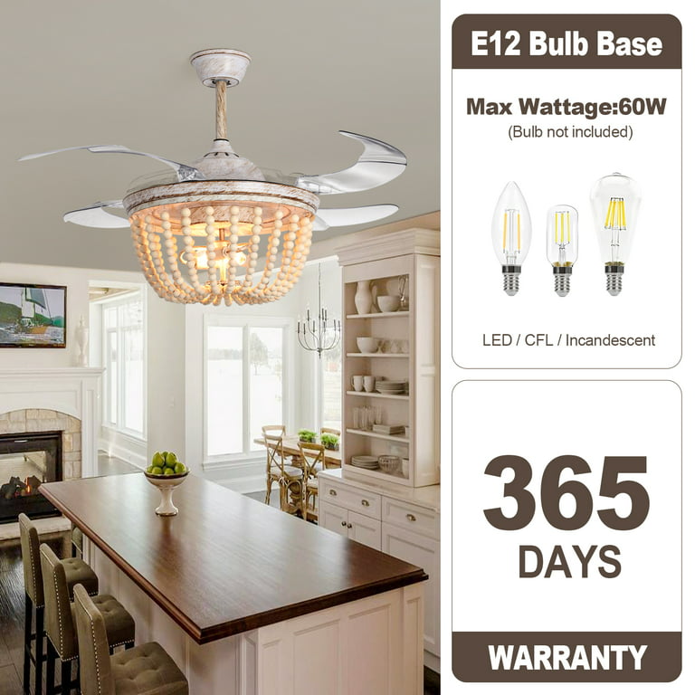 DingLiLighting Industrial Ceiling Fan with Light, 42 Vintage Acrylic  Chandelier Fan Light Fixtures with Remote,Ceiling Fan with Retractable  Blades for Living Room, Kitchen, Bedroom, 5 E26 Base 