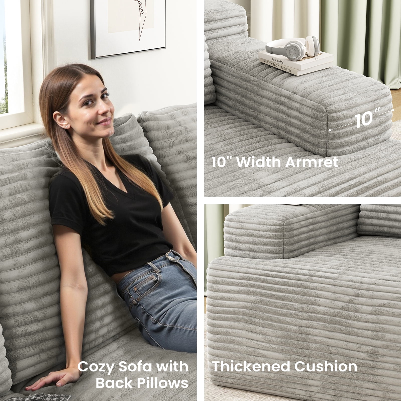 104" Cloud Sectional Couch with L-Shape Chaise, Modern Modular Sofa with Deep Seat, Upholstered Couches with Back Cushion for Living Room Bedroom, No Assembly Required, White Grey (Corduroy Fabric)