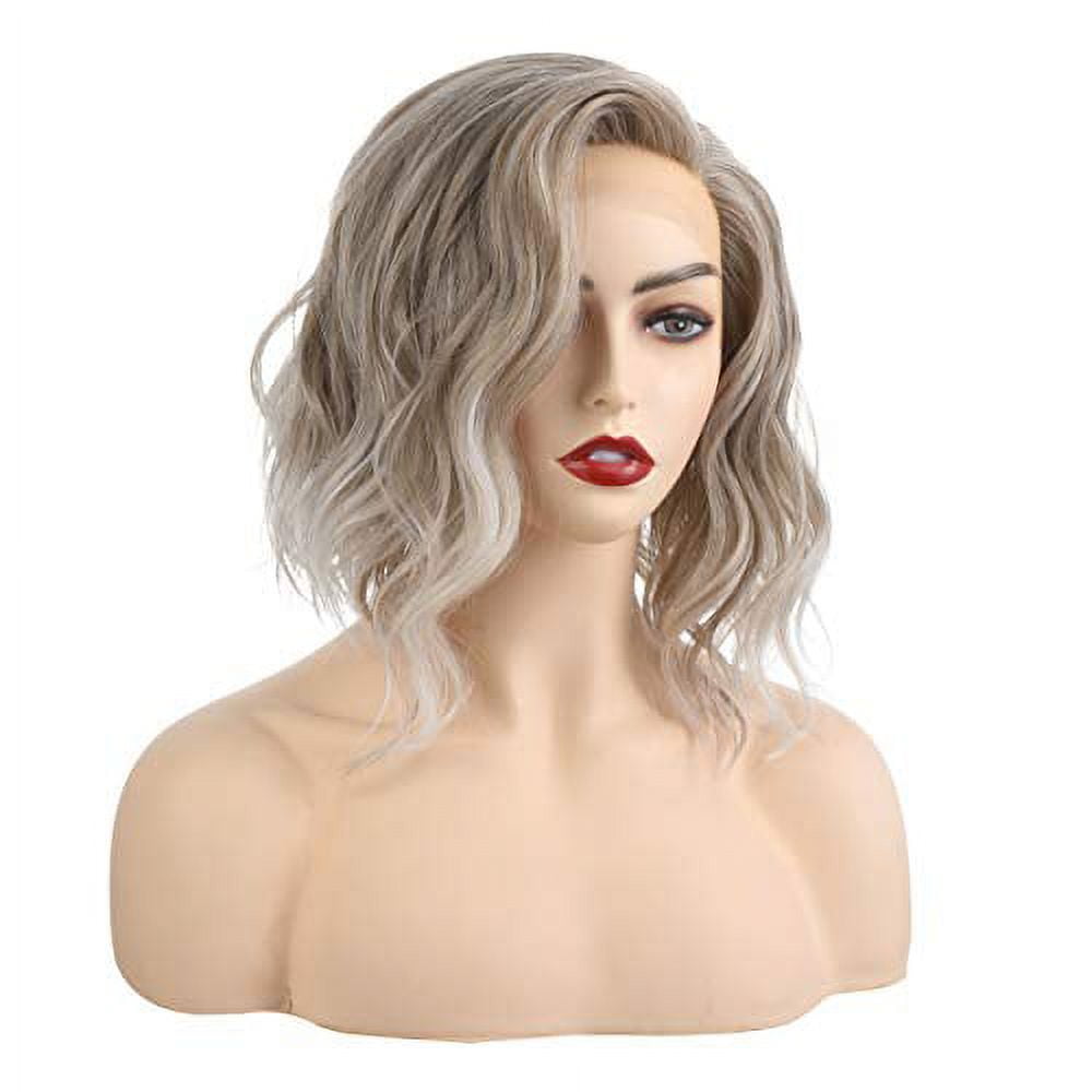 Onedor Side Part Platinum Blonde Brown Ombre Lace Front Short Wavy Hair Bob Wigs for Womens