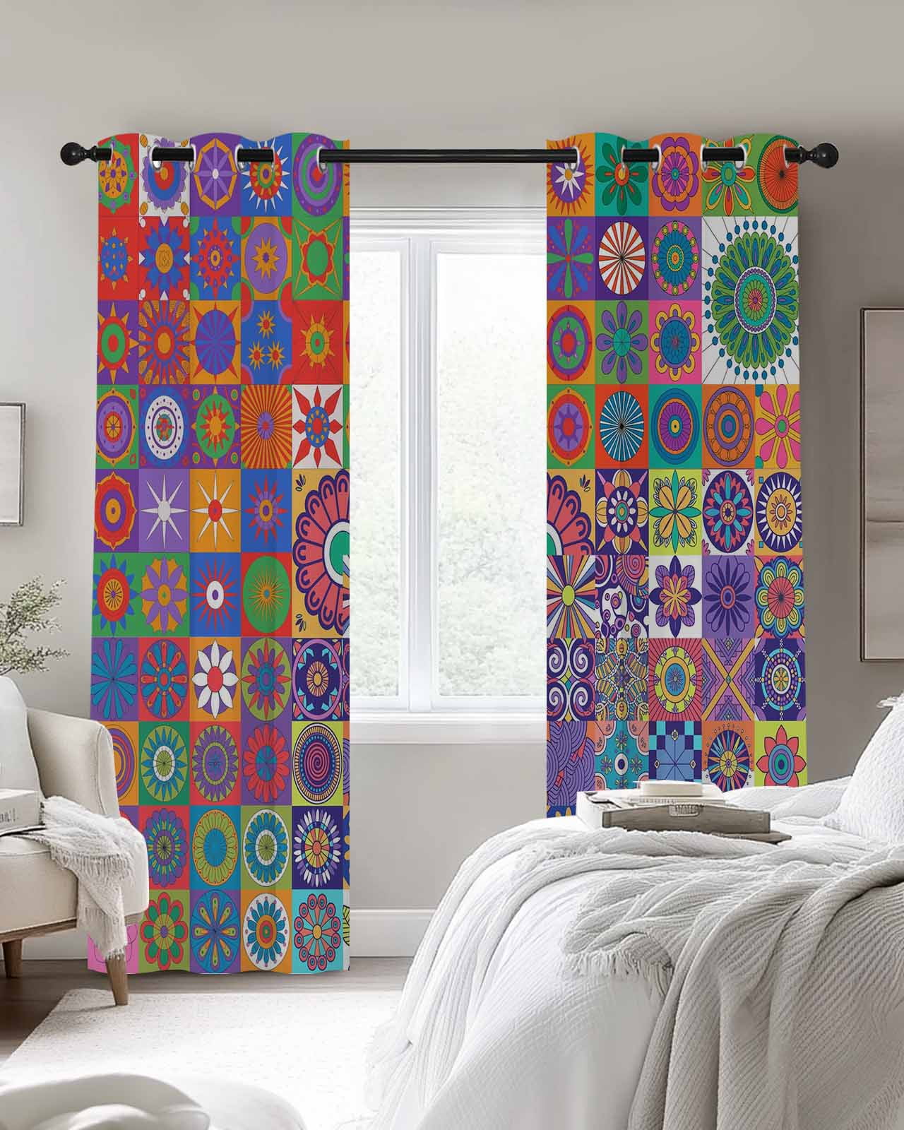 Colorful Abstract Floral Blackout Curtains for Bedroom Living Room, Countryside Flower Plaid Ethnic 39 In Long Thermal Insulated Room Darkening Drapes Grommet Window Treatments, 27.5 x 39 In