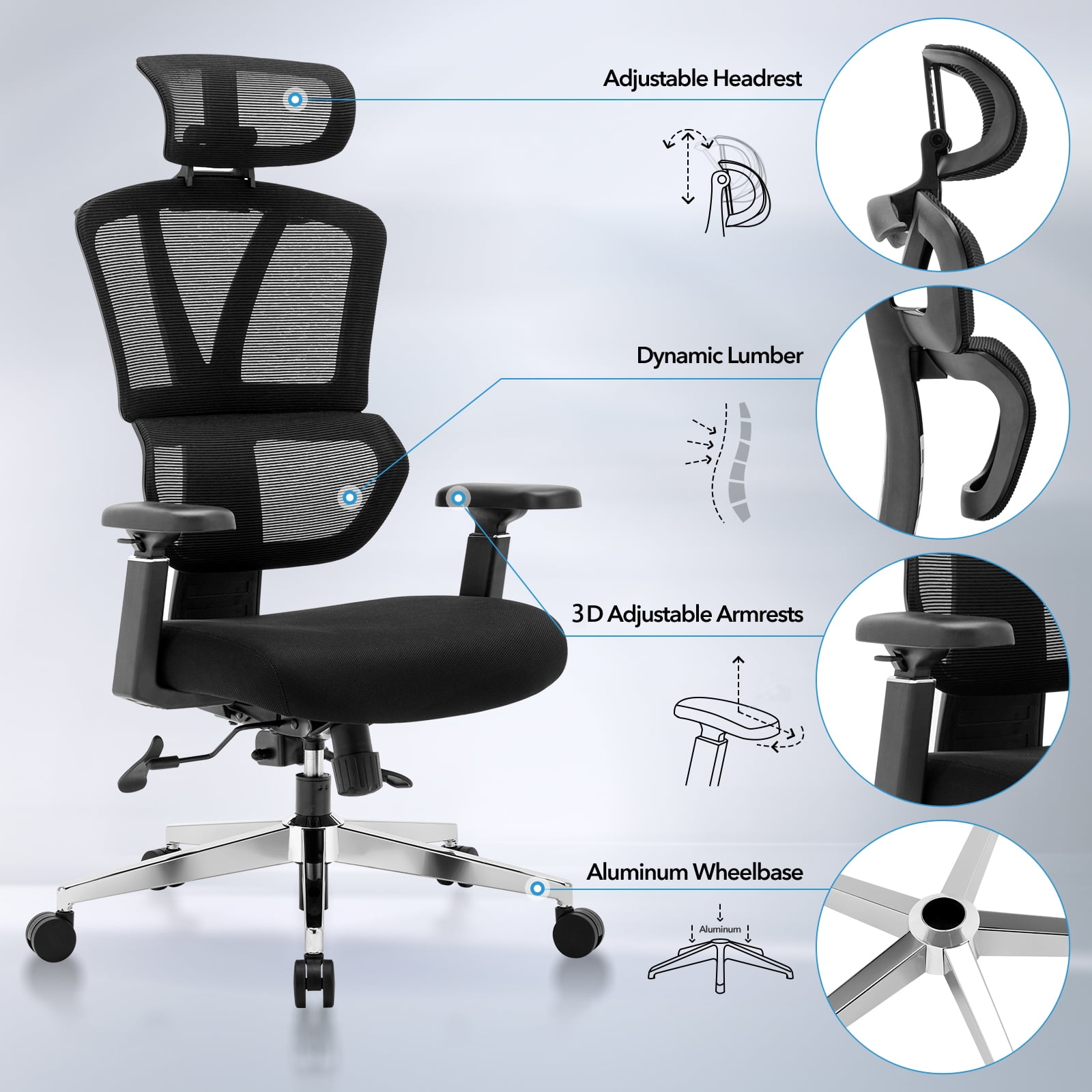 CHAIR MASTER Ergonomic High Back Mesh Office Chair, 3D Armrest, Adjustable Headrest, Variable Tilt (Nylon Casters)