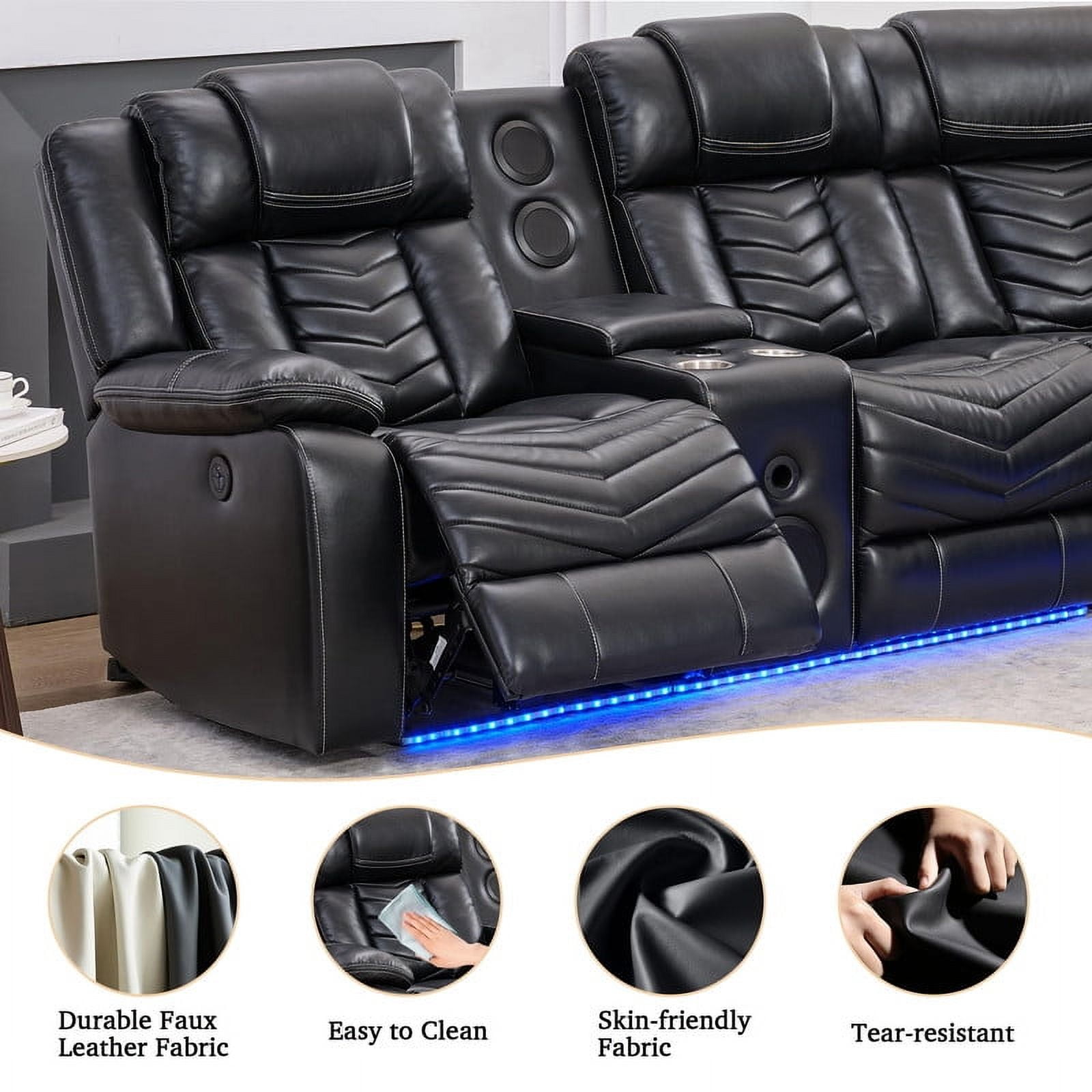 Power Reclining Sectional Sofa with Bluetooth Speakers,USB Ports,LED Lights,Cup Holders,Storage Console,Faux Leather Electric Corner L-Shaped Recliner Couch,5 Seater for Living Room Black