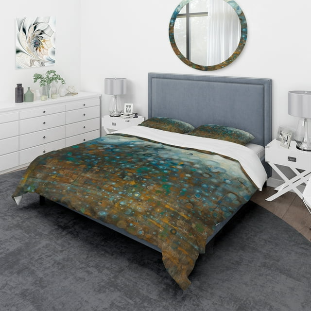 Designart 'Blue and Bronze Dots' Geometric Bedding Set - Duvet Cover & Shams