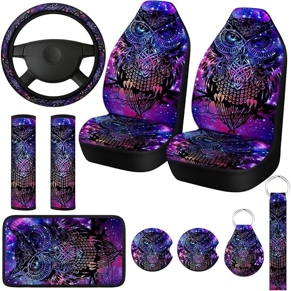 wonima02 10 Pcs Purple Colorful Owl Car Seat Covers Set Car Steering Wheel Cover Front Seat Belt Pads Armrest Pad Cup Holder Strap Car Decor Accessories for Vehicle Car SUV Truck