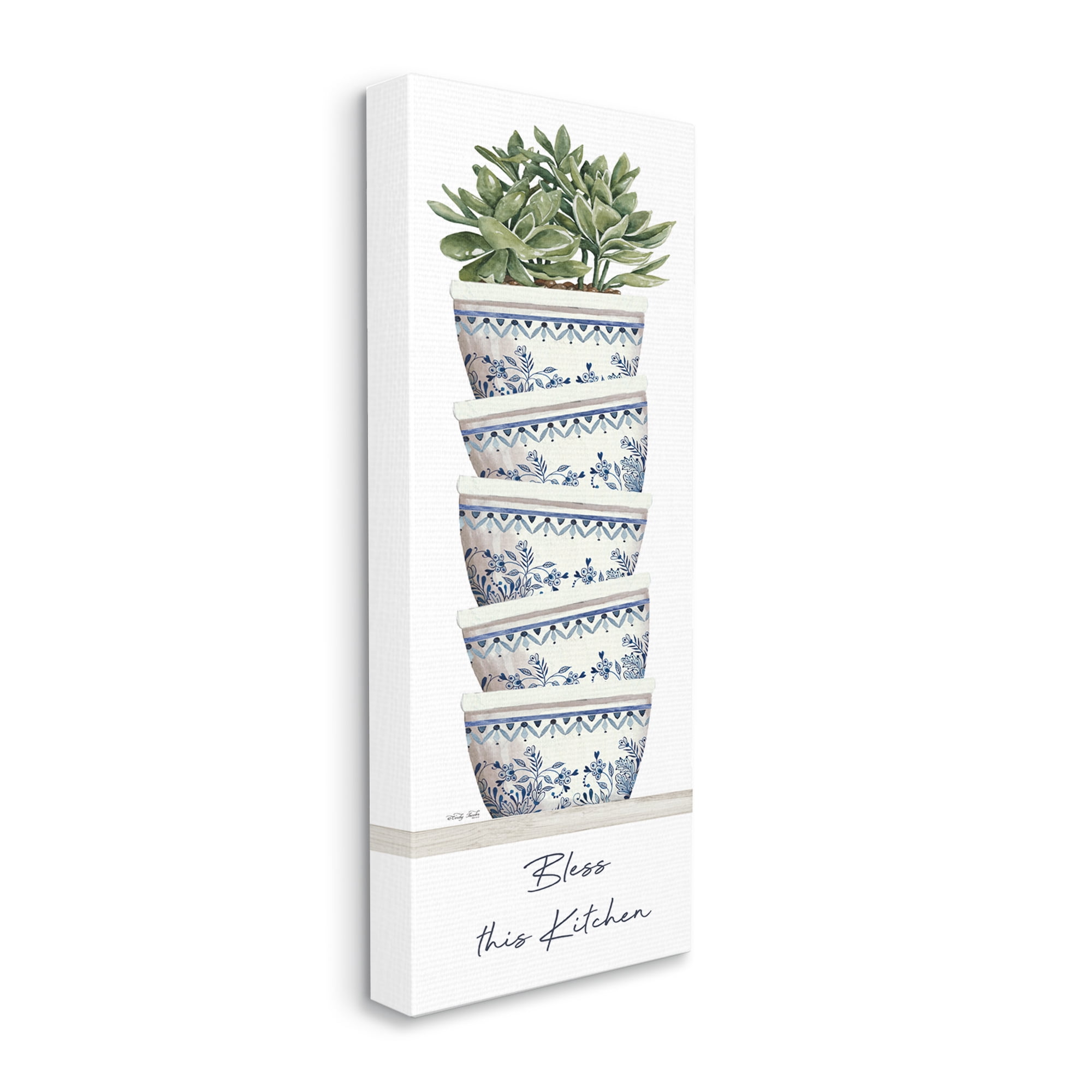 Stupell Industries Bless This Kitchen Stacked Ornate Bowls Succulent Plant Graphic Art Gallery Wrapped Canvas Print Wall Art, Design by Cindy Jacobs