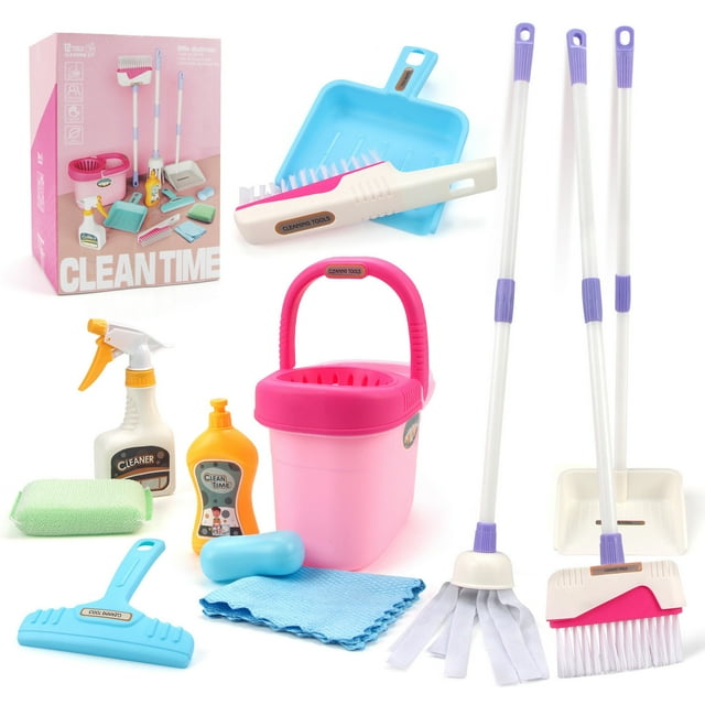 SIYTUAU 12 Piece Cleaning Toy Set Pretend Play Housekeeping Pink Plastic Role Play Sweeping Mopping Tools For Kids Exercise Cleaning Ability Educational