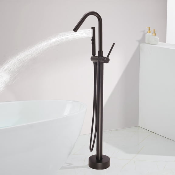 SUNRINX Matte Black Freestanding Tub Faucets, Single Handle Free Freestanding Tub Faucet With Brass Two-Function Handshower, Max 6 GPM Floor Mount Bathtub Faucet With 360° Rotating Spout Tub Filler