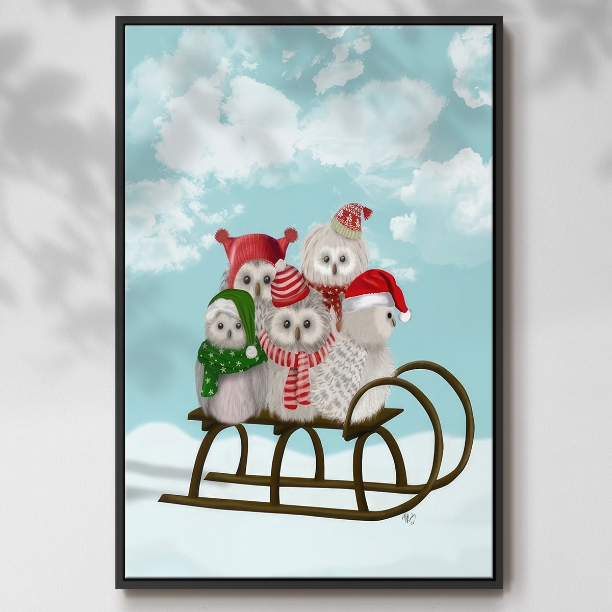 Christmas Christmas Owl Sled - Framed Gallery Wrapped Holiday Canvas - 27 x 41 - Black Frame