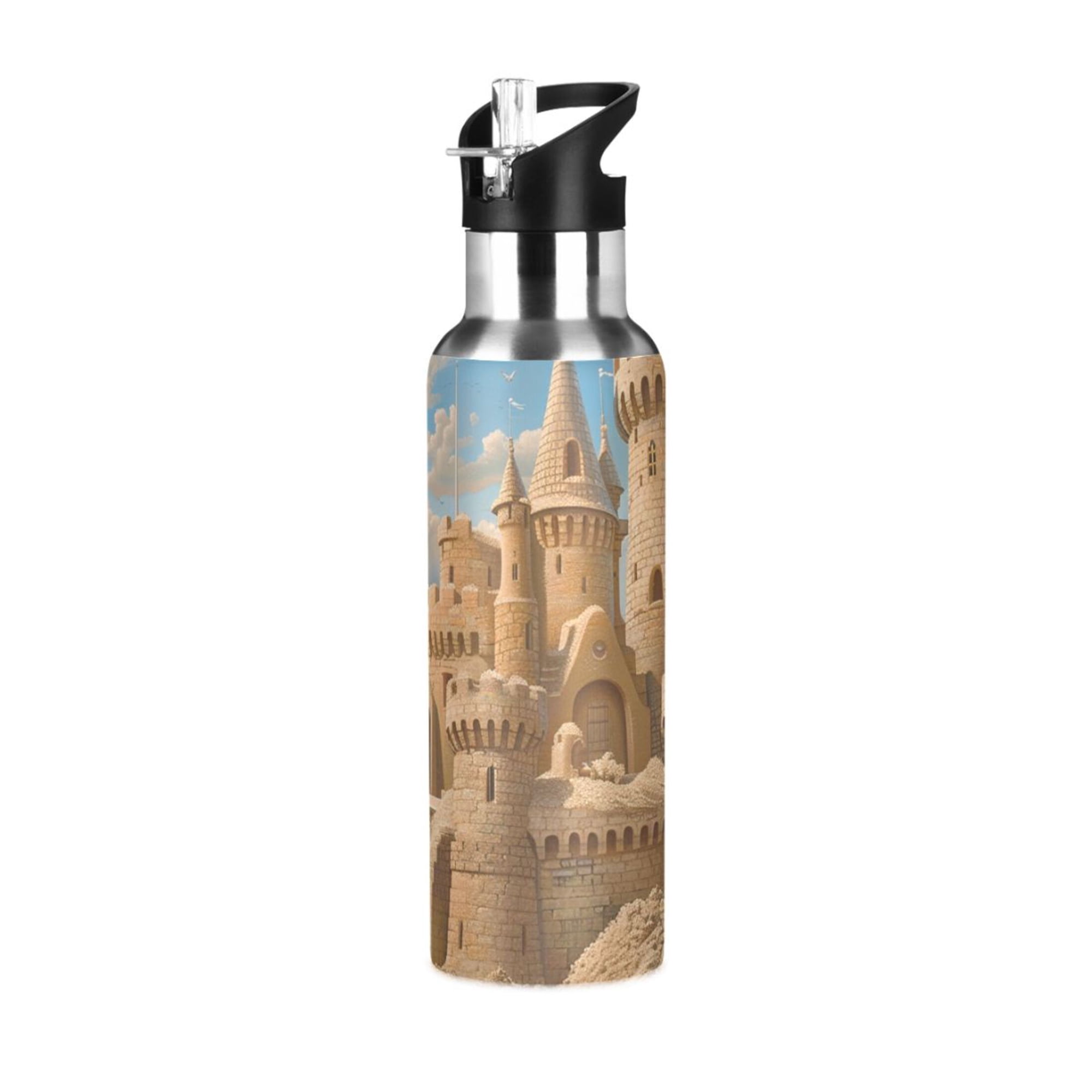 Sand Castle Beach Sports Bottle with Straw Stainless Steel Water Jug Portable Thermal Cup Leak-proof 600ML