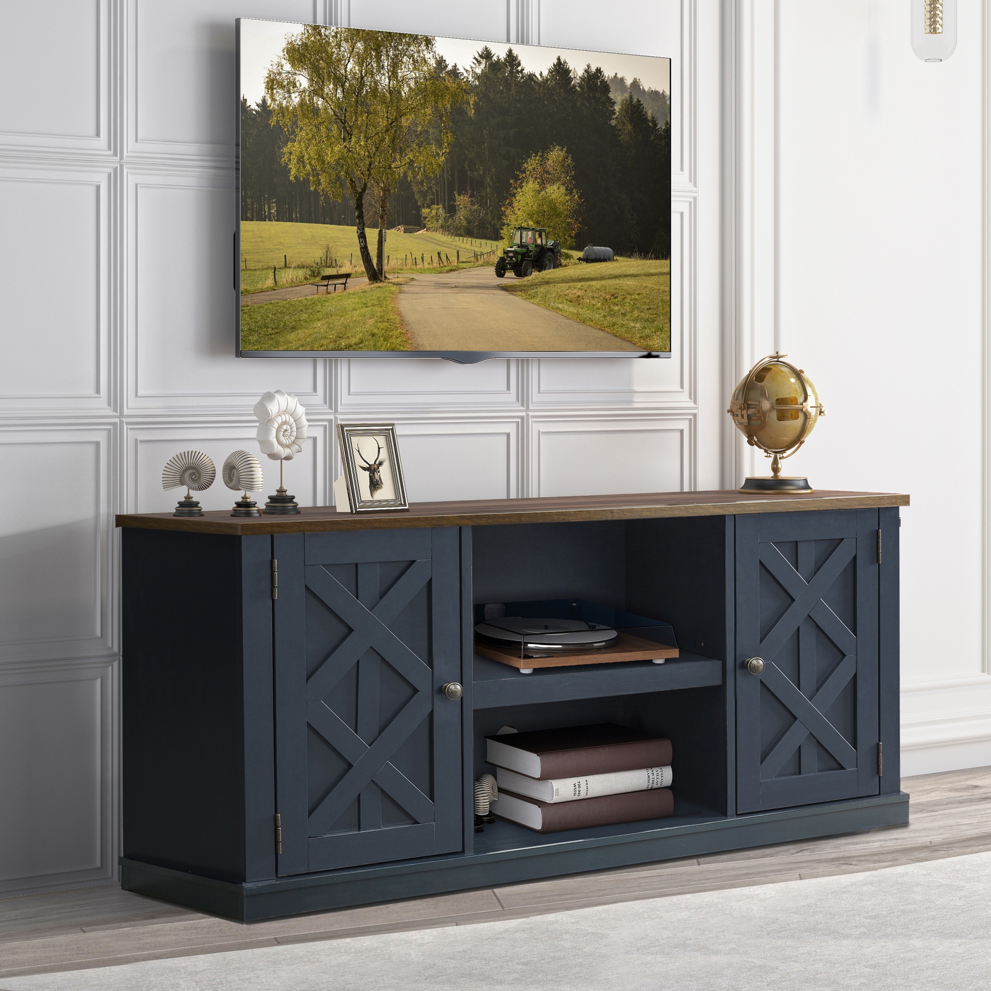 Joy River 54" Rustic TV Stand with Barn Door Cabinets,Navy