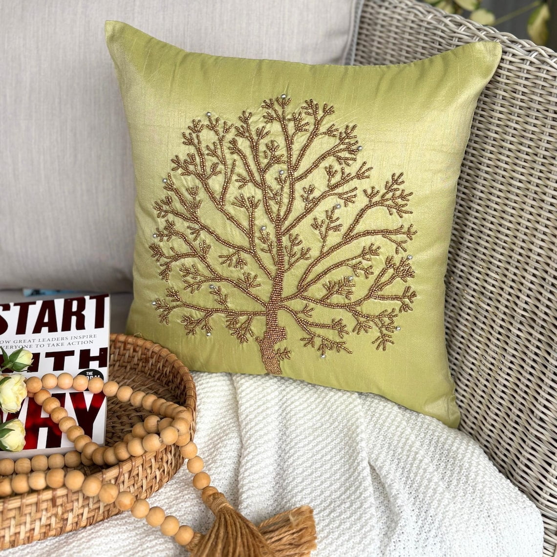 Euro Pillow, Decorative Green Euro Pillowcases 26x26 inch (65x65 cm), Silk Euro Pillow Covers, Nature & Floral, Beaded Tree, Modern Euro Sham Covers - Tree Of Life