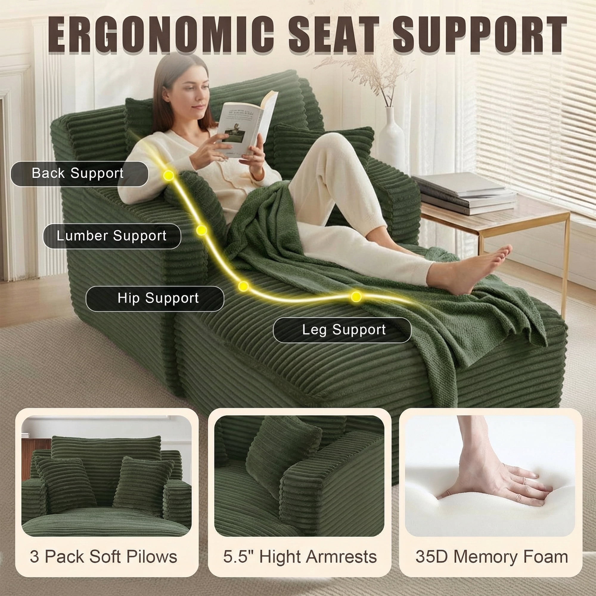 Kosynda 65"D Oversized Chaise Lounge Chair Indoor, Corduroy Upholstered Boneless Sofa Bed with 3 Pillows for Living Room, Green