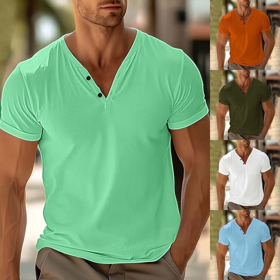 AnuYalue Mens Henley Shirt V Neck Short Sleeve Tee Casual Button Up T Shirt for Work Summer Breathable Shirts