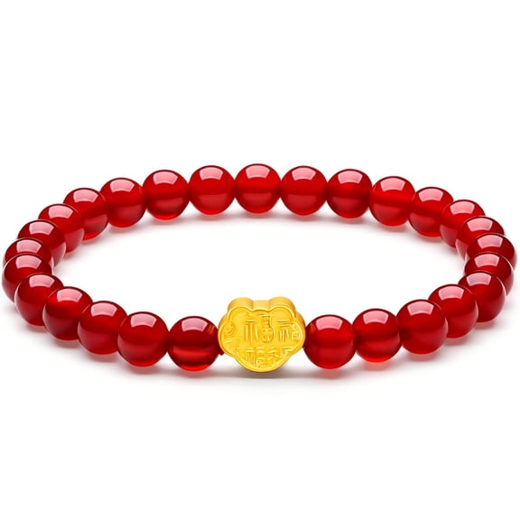 Zhou Liu Fu 24K Solid Gold Ruyi Charm Red Agate Bracelet - 6mm Beaded Healing Bracelet with Chinese FU Character for Good Fortune & Luck