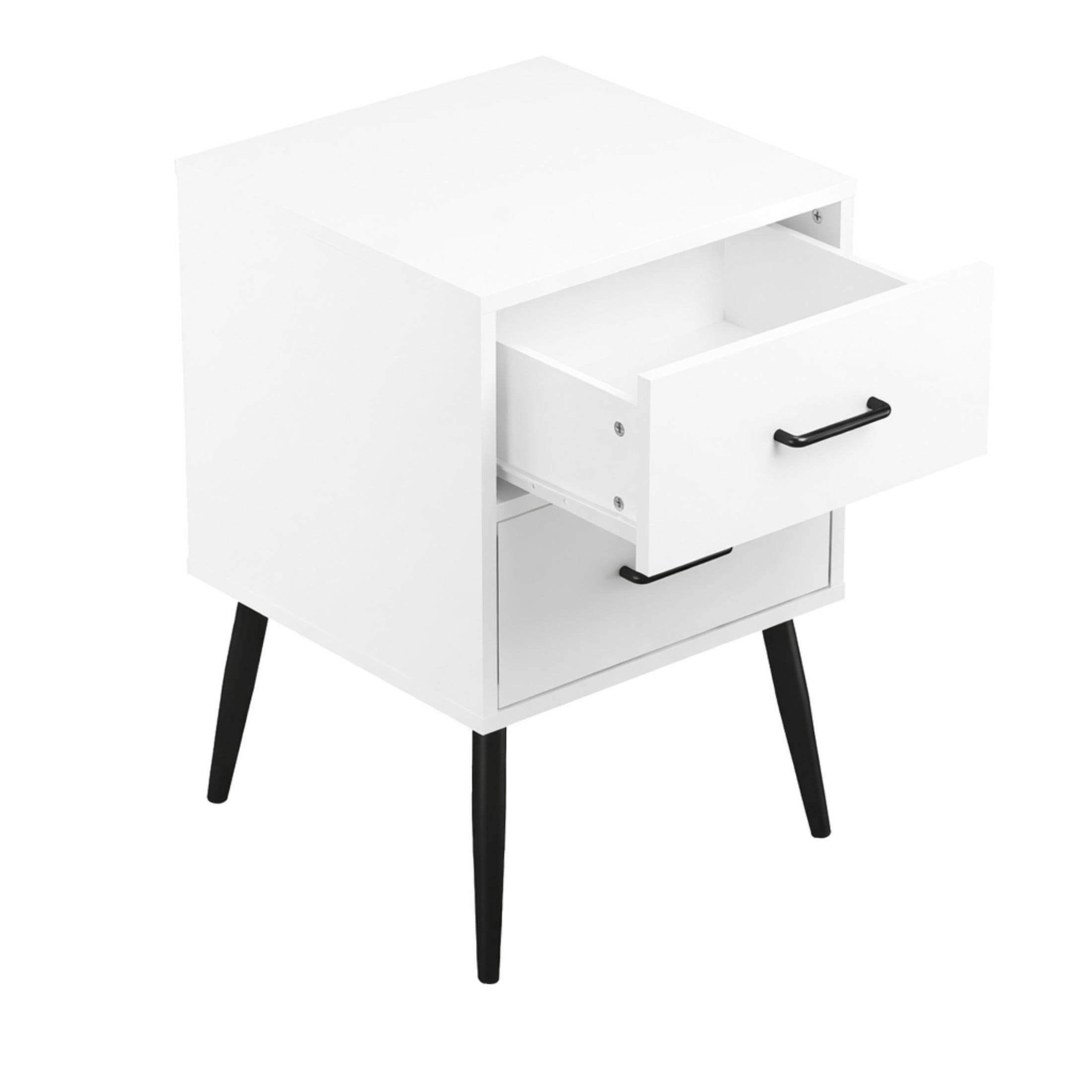 Noble House Misty 16" Modern 2-Drawer Nightstand with Tapered Metal Legs, Small End Table for Bedroom, White