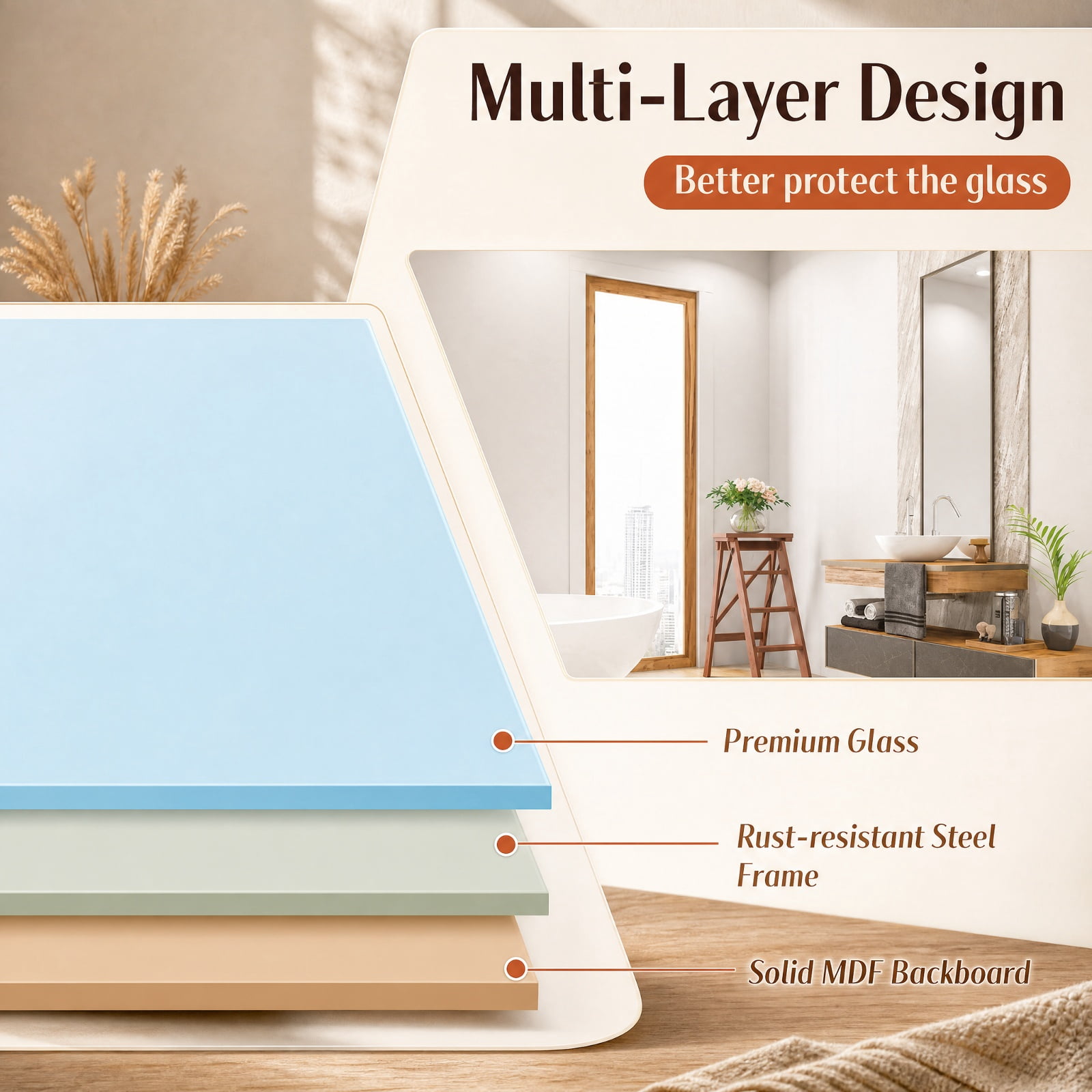 Vebreda Bathroom Wall Mirror, Rectangular Wall Mount Bathroom Mirror with Solid Steel Frame, Premium Glass for Clear reflection