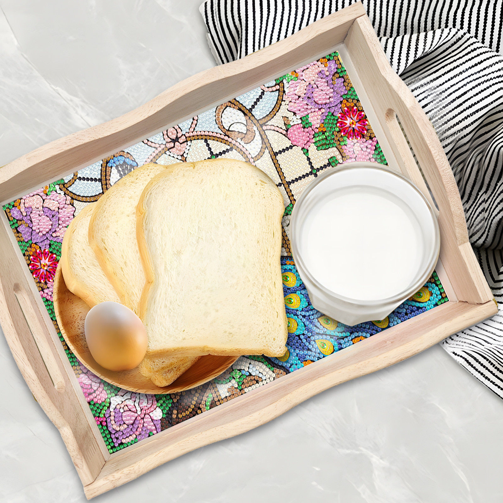 FLOPESN DIY Diamond Art Painting Tray,Handmade Wooden Tray Mosaic by Number Kits Diamond Art for Coffee Living Room Home Organizer-Peafowl