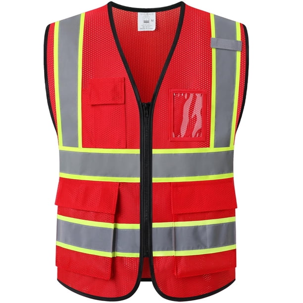 Chaleco de seguridad Ekksafety EK175 de malla reflectante roja con 5 bolsillos