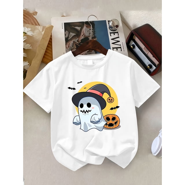 Girls' Halloween T-Shirt - Spooky Cute Ghosts & Pumpkin - Bright Yellow Tee for Halloween Parties, everyday & Trick-or-Treat - Soft Knit Fabric - Toddler & Kids Top - easy Care Halloween