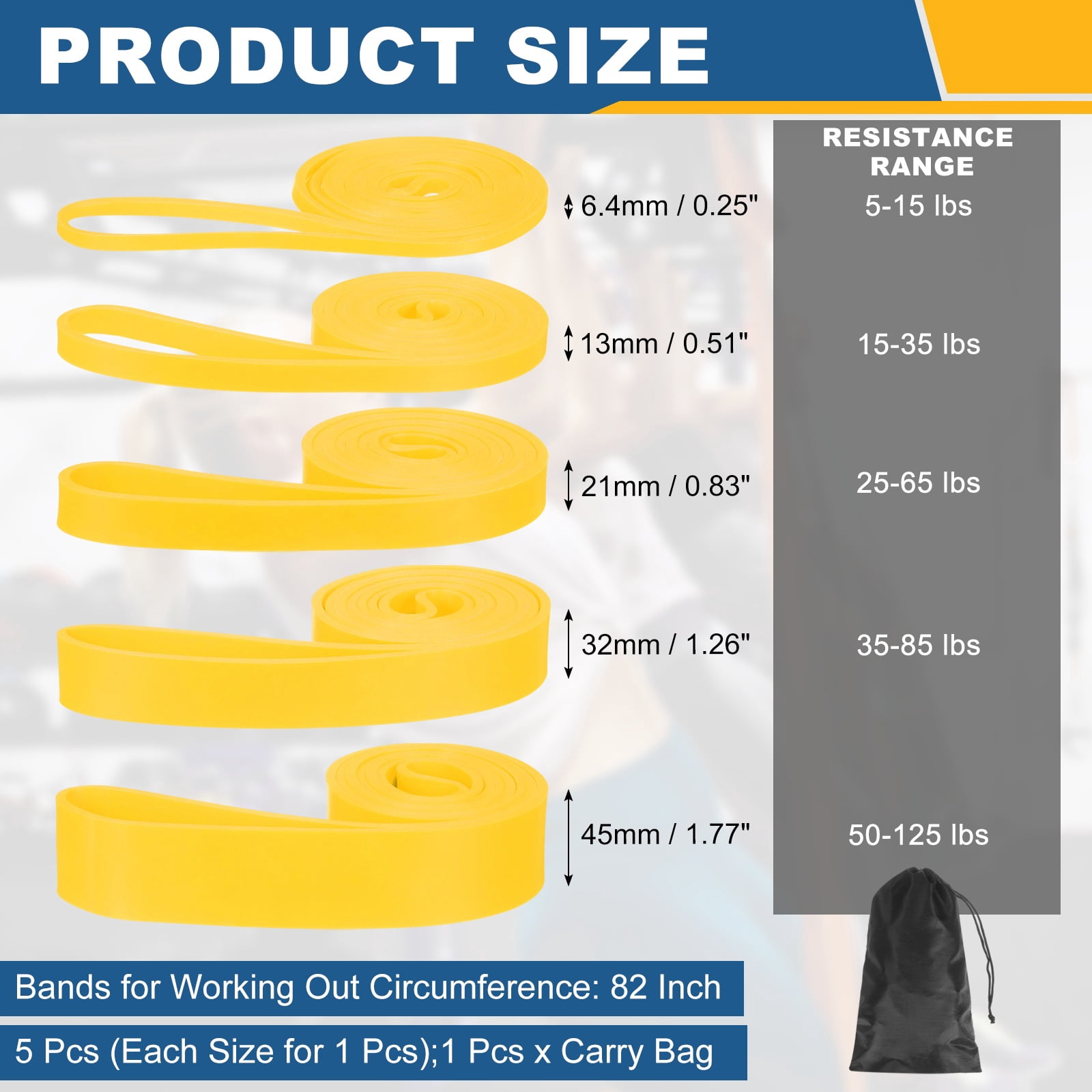 Uxcell Resistance Bands for Working Out, 5 Levels Pull Up Assistance Bands with Carry Bag 5 Pcs & Yellow -Fitting for (Home/Gym)