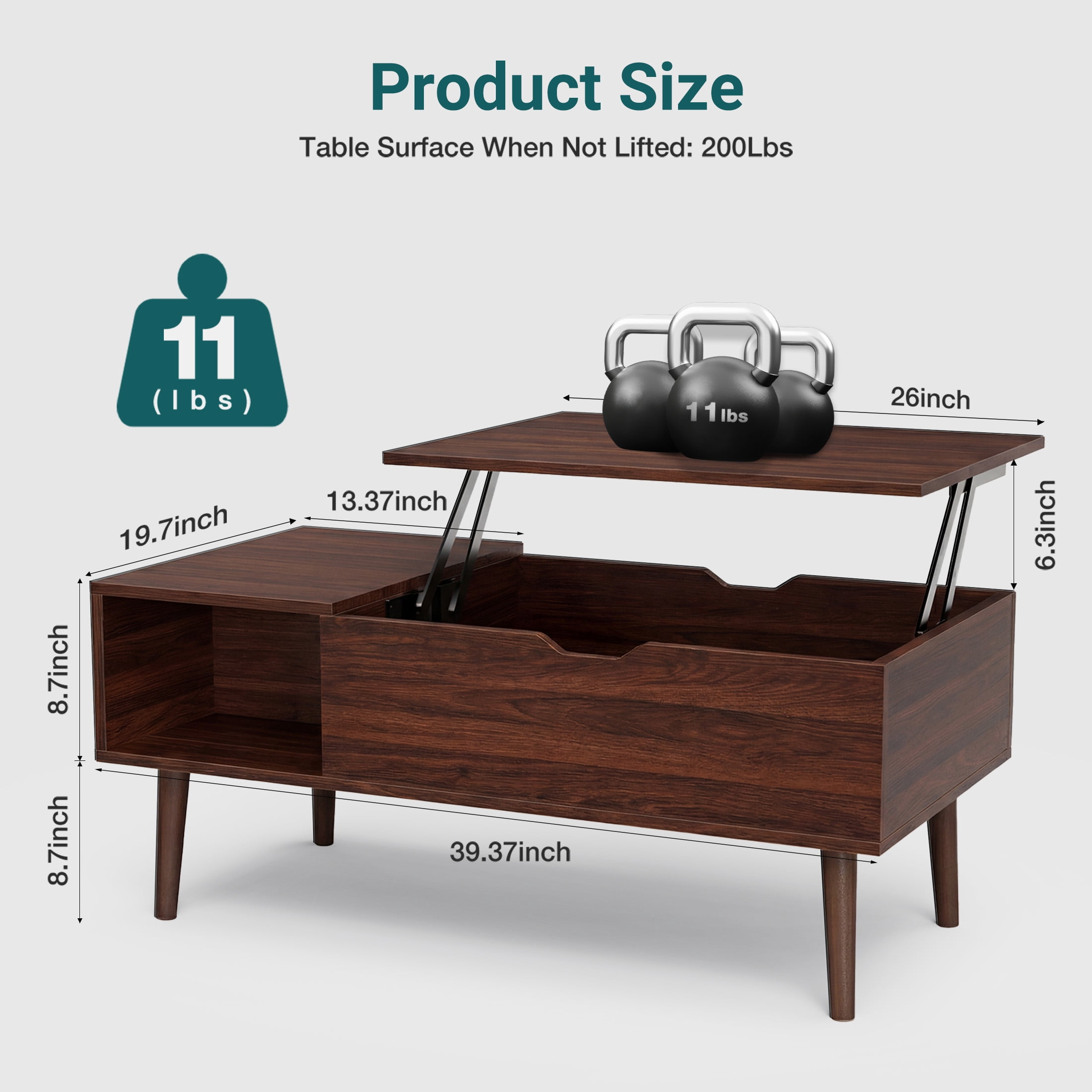 edx Wooden Lift Top Coffee Table with Hidden Compartments and Adjustable Shelves - Ideal for Small Homes, Apartments, Reception Rooms, Dark Brown