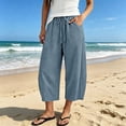 thumbnail image 2 of Cropped Linen Pants Women Capri Pants Barrel Drawstring Wide Leg Cotton Capris 2026 Casual Summer Boho Baggy Trouser (Blue,S), 2 of 9