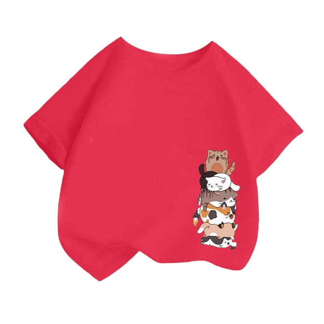 LUOGENLI T-Shirt pour Filles, Mode Mignonne Imprimée, Décontracté, Col Rond, Manches Courtes, T-Shirt d'Été, Hauts en Coton pour Filles, Longueur Genou, 6-8 Ans