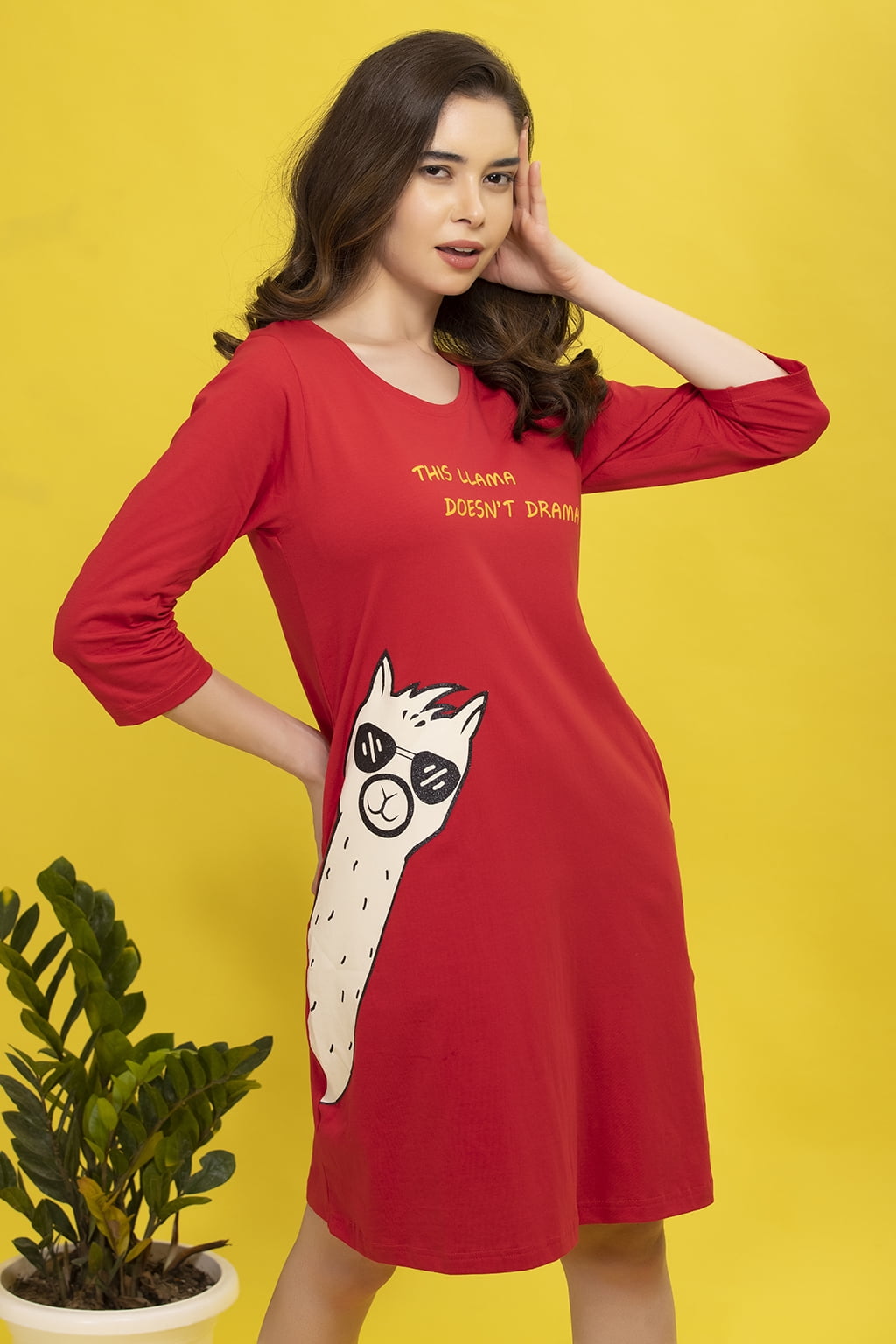 Print Me Pretty Short Night Dress in Red 100 Cotton