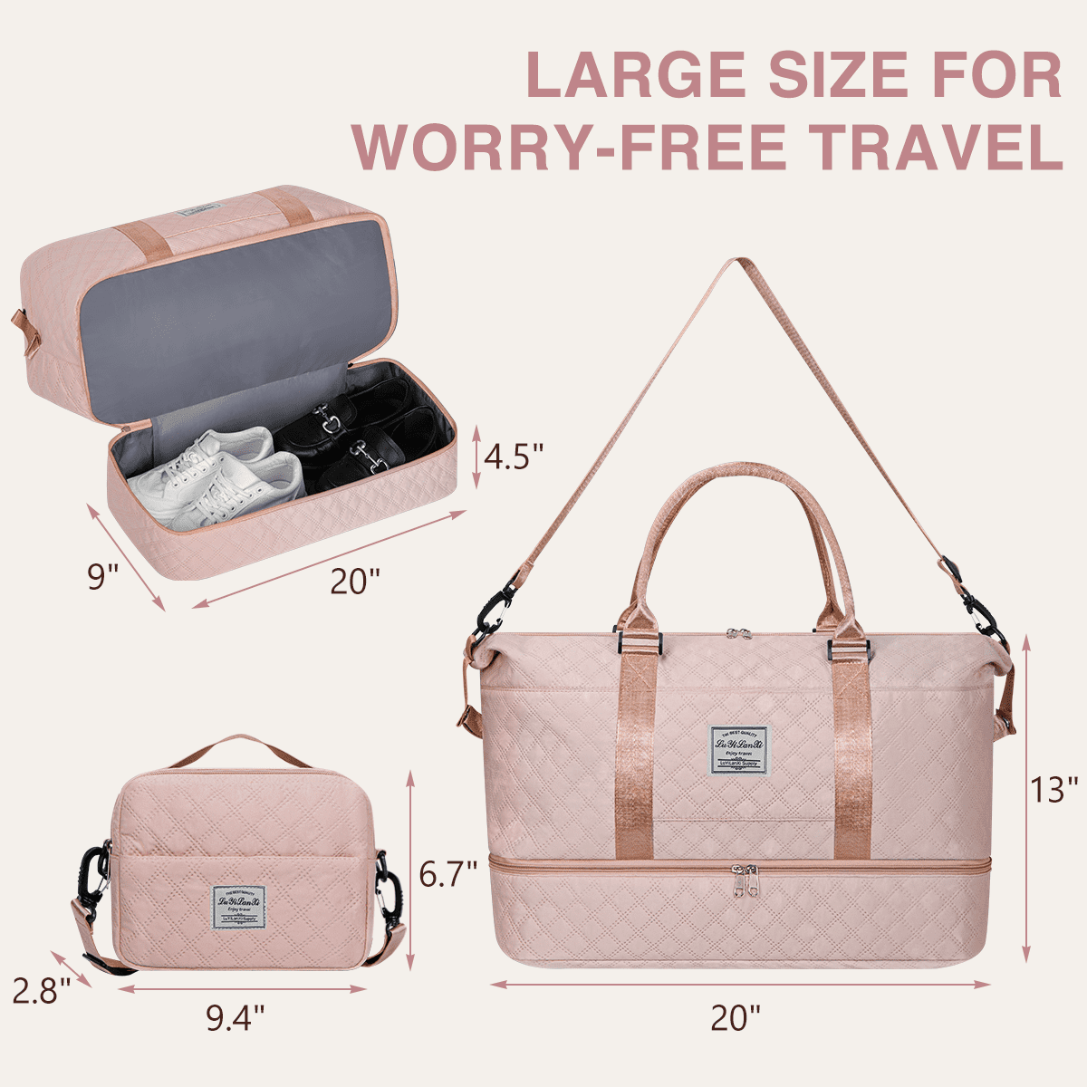 Travel Duffle Bag, Weekender Bags for Women with Shoe Compartment, Carry on Overnight Bag with Toiletry Bag and Shoes Bag, Gym Duffel Bag with Wet Pocket, Hospital Bags for Labor and Delivery, Pink