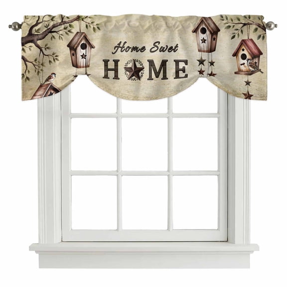 Tie Up Valances for Windows, Sweet Home Adjustable Valance Curtains Window Treatment for Living Room, Western Stars Bird Houses Country Vintage Rod Pocket Kitchen Curtains & Drapes 42x12 Inch