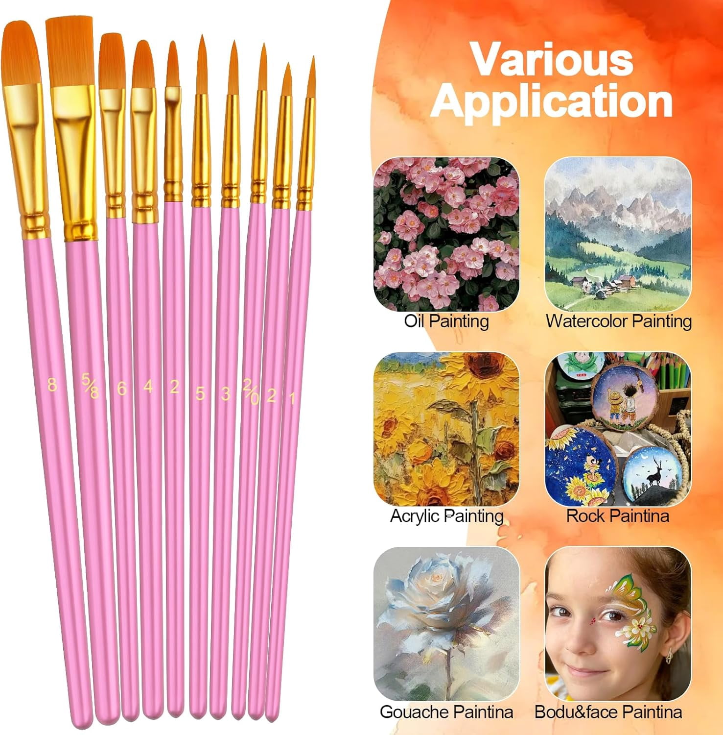 JJEAN-Paint Brushes Set, 5 Pack 50 Pcs Round-Pointed Tip Paintbrushes Nylon Hair Artist Acrylic Paint Brushes for Acrylic Oil Watercolor, Face Nail Art, Miniature Detailing & Rock Painting, Pink