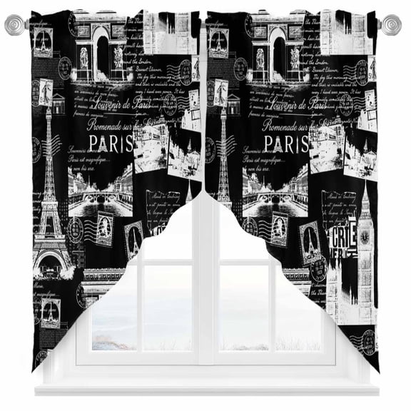 Swag Curtain Valances Black Eiffel Tower Swag Valances for Kitchen Windows France Paris Travel Landscape Short Topper Curtains Valance Tier Pair for Kitchen Bedroom Living Room Bathroom 28"x36"
