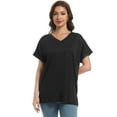 thumbnail image 2 of Women's V Neck T-shirt with Rolled Sleeves, Summer Loose Fit Tops with Side Split, 2 of 5