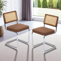 Hassch Set of 2 Modern Dining Side Chairs in Coffee Color, Hand-Woven Natural Cane Back, Linen Upholstered Cushion, Flexible Cantilever Stainless Chrome Base, 360LBS Max Weight Capacity